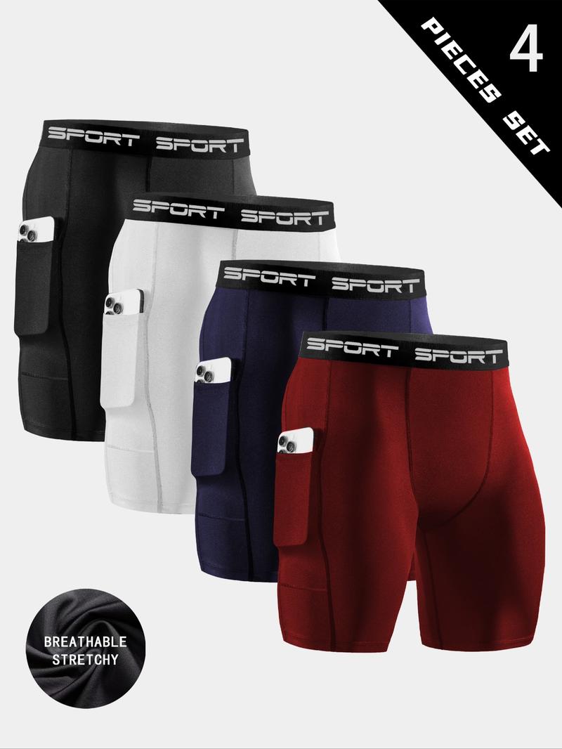 4-Pack Men’s Compression Shorts with Pockets, High Stretch Quick Dry Polyester Athletic Shorts, Breathable Knit Workout Shorts for Gym, Running, Training, Fitness & Exercise, Performance Sports Shorts Set Black Blue White Red