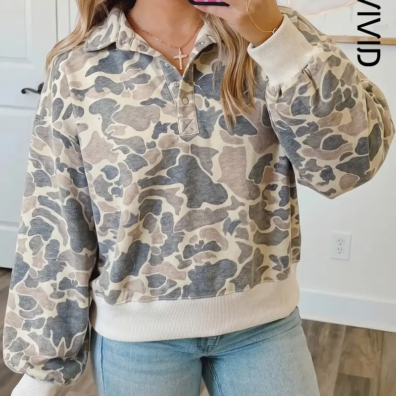 Women's Casual Camouflage Print Collar Pullover Sweatshirt, Long Sleeve Top, Spring & Fall Fashion