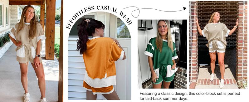 FISOEW Women's Summer Two-Piece Sportswear Set, Loose Sweatshirt and Shorts, Casual Color-Blocking Breathable Loungewear Set, New Autumn Collection, Valentine's Day Gift Recommendation