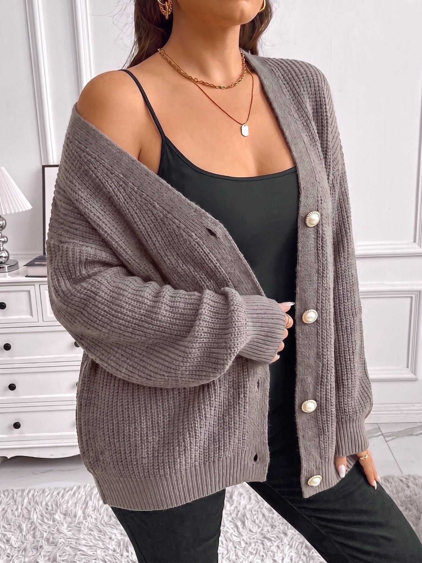 Plus Size Women Button Front Long Sleeve Knit Cardigan, Figure-Flattering Casual Knit Outerwear for Spring & Fall, Soft Cozy Sweater for Commute & Loungewear, Suitable for Daily Dates, Vacations, Gatherings, Holiday Outfits, Knitwear