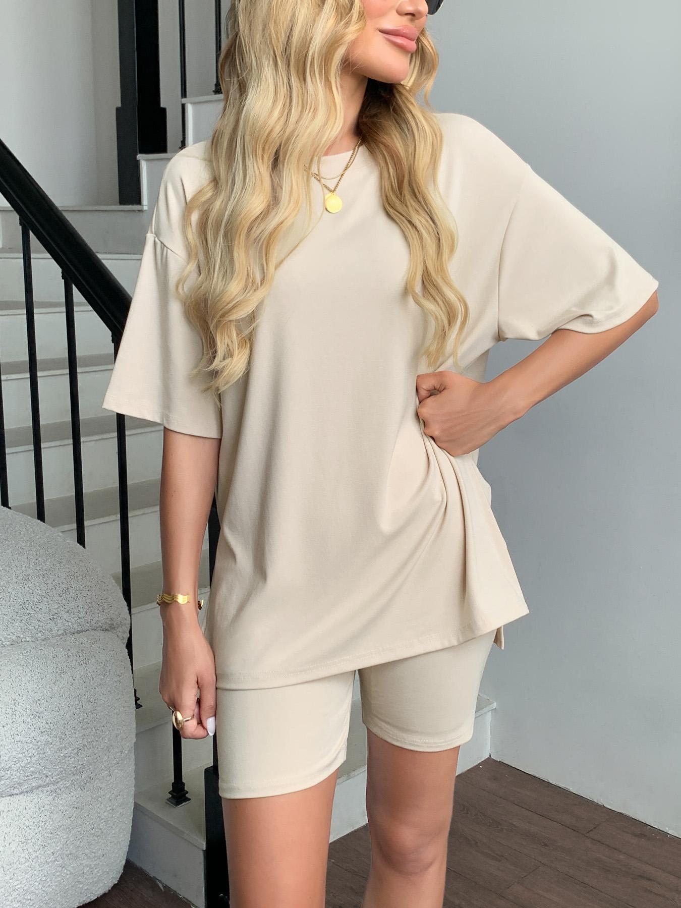 Lounge Set Cozy Mama Set, Women 2 Piece, Oversized Crew Neck T-Shirts for Comfort and Style