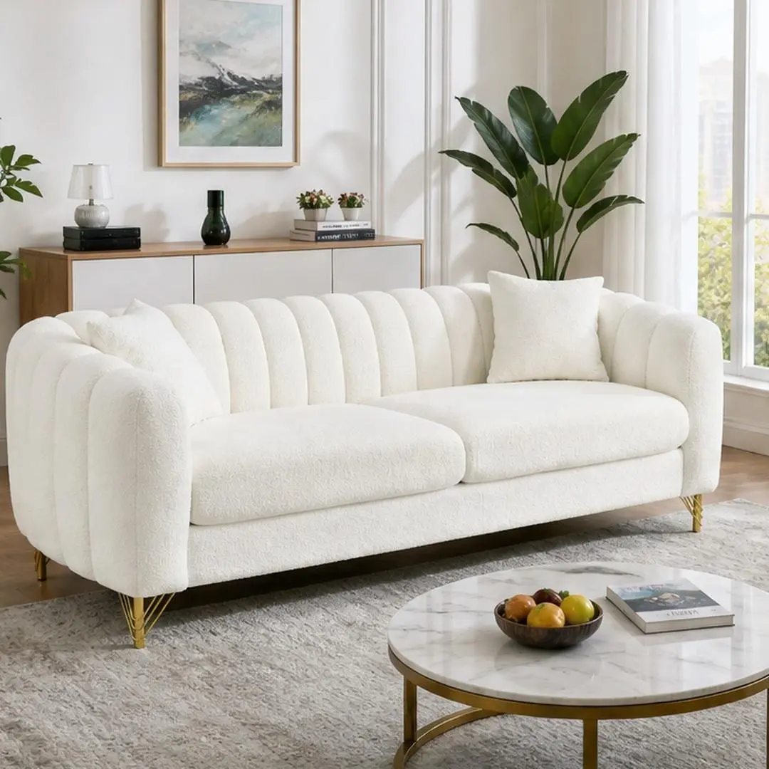 83.5 Inch Oversized Chenille Sofa, 3 Seater Deep Tufted Couch with Curved Arms and Gold Metal Legs for Living Room, Bedroom, or Apartment, White