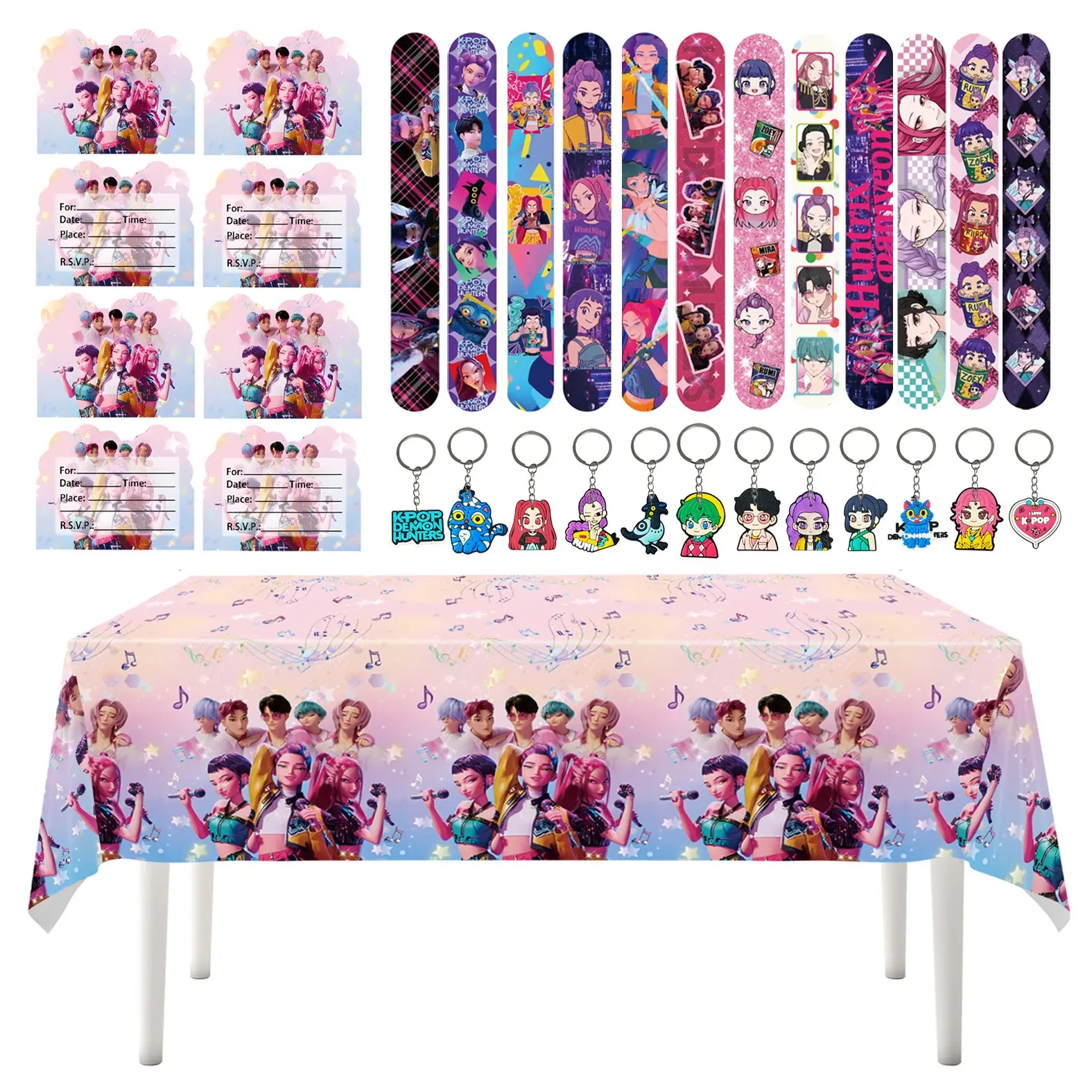4 Korean cartoon girl group birthday party favor sets, including 12 wristbands, 12 keychains, 12 invitation cards, and 1 exquisite party tablecloth—come with an invite, enjoy the decorated setting, and keep the goodies as souvenirs