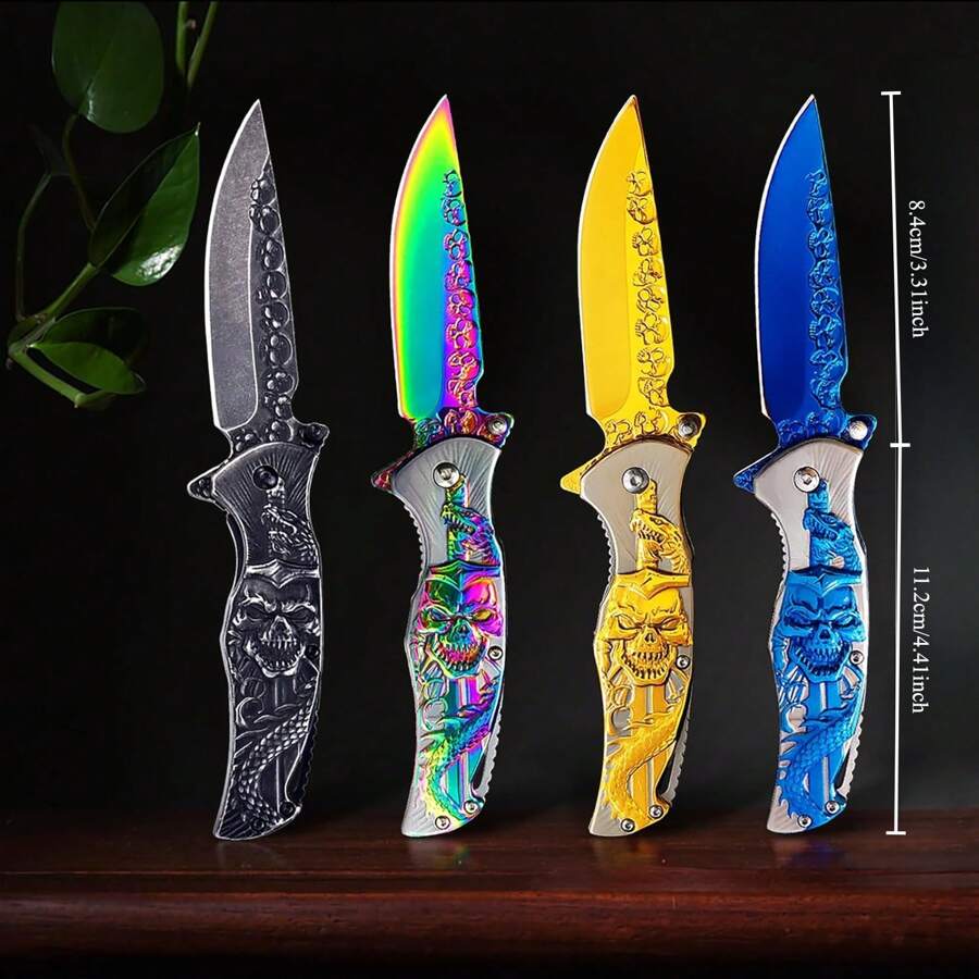 Pocket Knife, Cool Pocket Folding Knife With 3D TITANIUM-PLATED SKULL Patterns, Great Christmas Gift EDC Knife For Men Outdoor  Camping