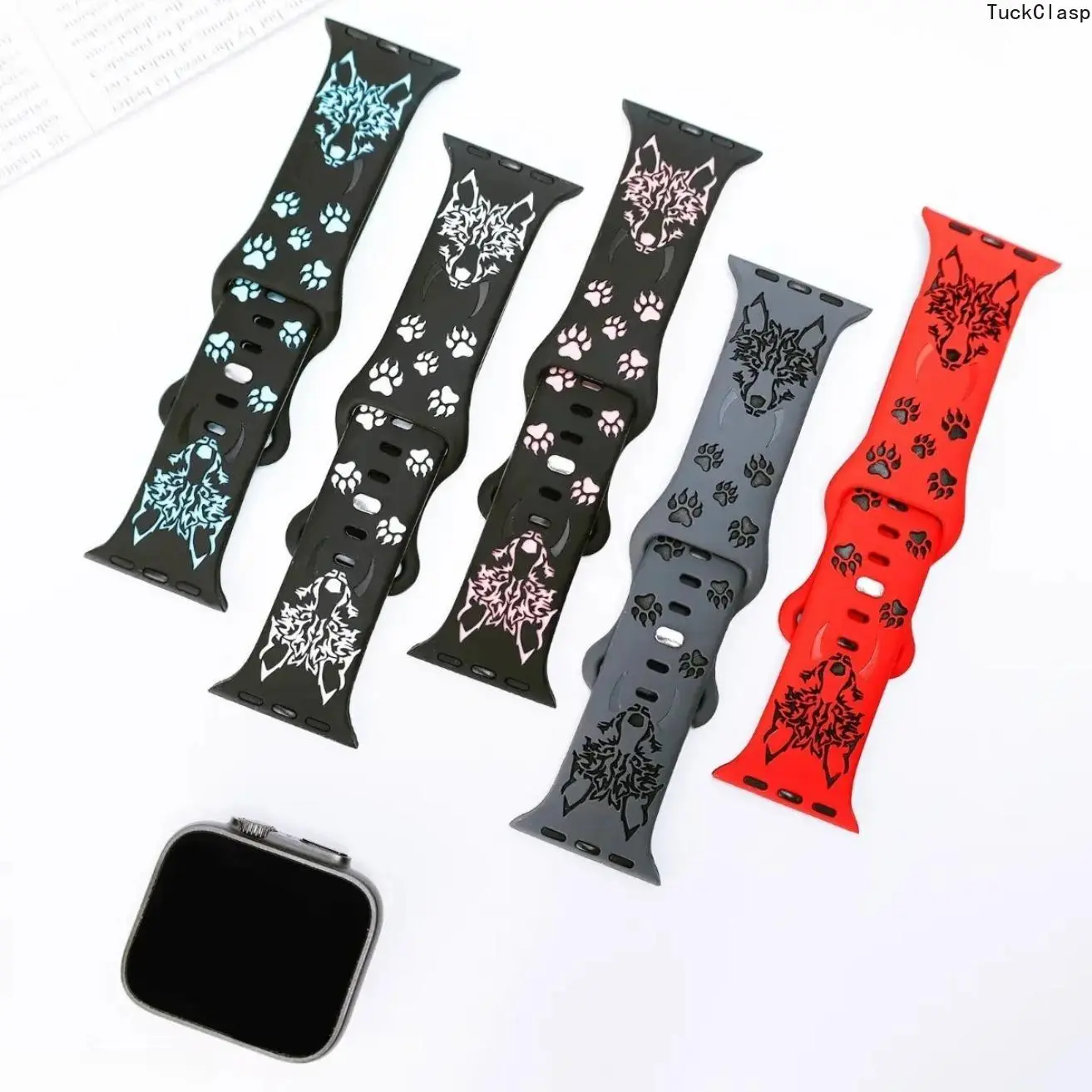 Edgy Fangs Wolf Engraved 2-Tone Silicone Watch Strap, Durable Sport Wristband Summer Vibes Wearable Accessory Compatible With All Apple Watch Models (Watch Not Included)