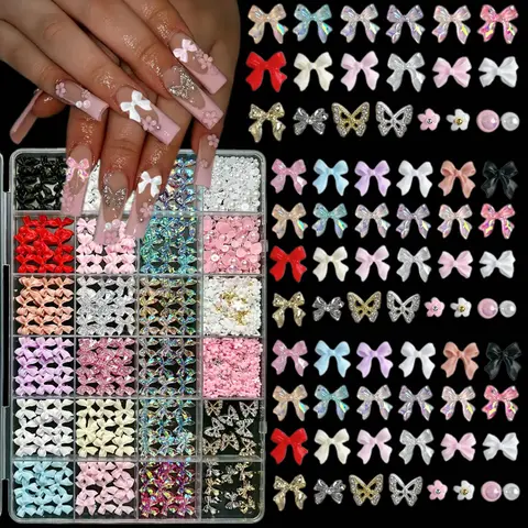 1Box 3D Classic Bowknots Resin Nail Charms Sold Color Ribbon Bow Light Luxury Hollowed Butterfly Alloy Nail Art Decorations DIY Manicure Supplies Nail Art Design Nail Art Accessories Nail Designs