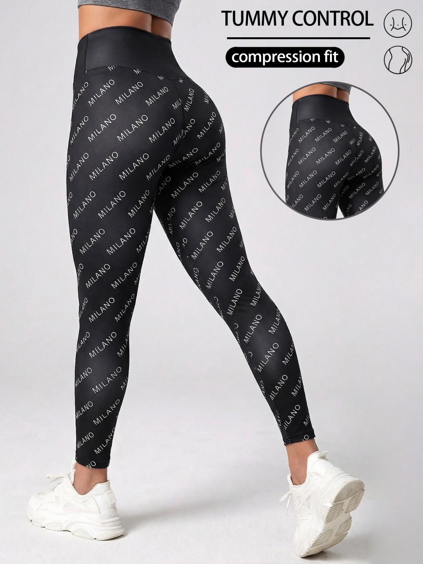 Women's Fashion Casual High-Waisted Letter Print Yoga Pants, High Stretch Abdominal Control Butt Lifting Fitness Pants for All Seasons