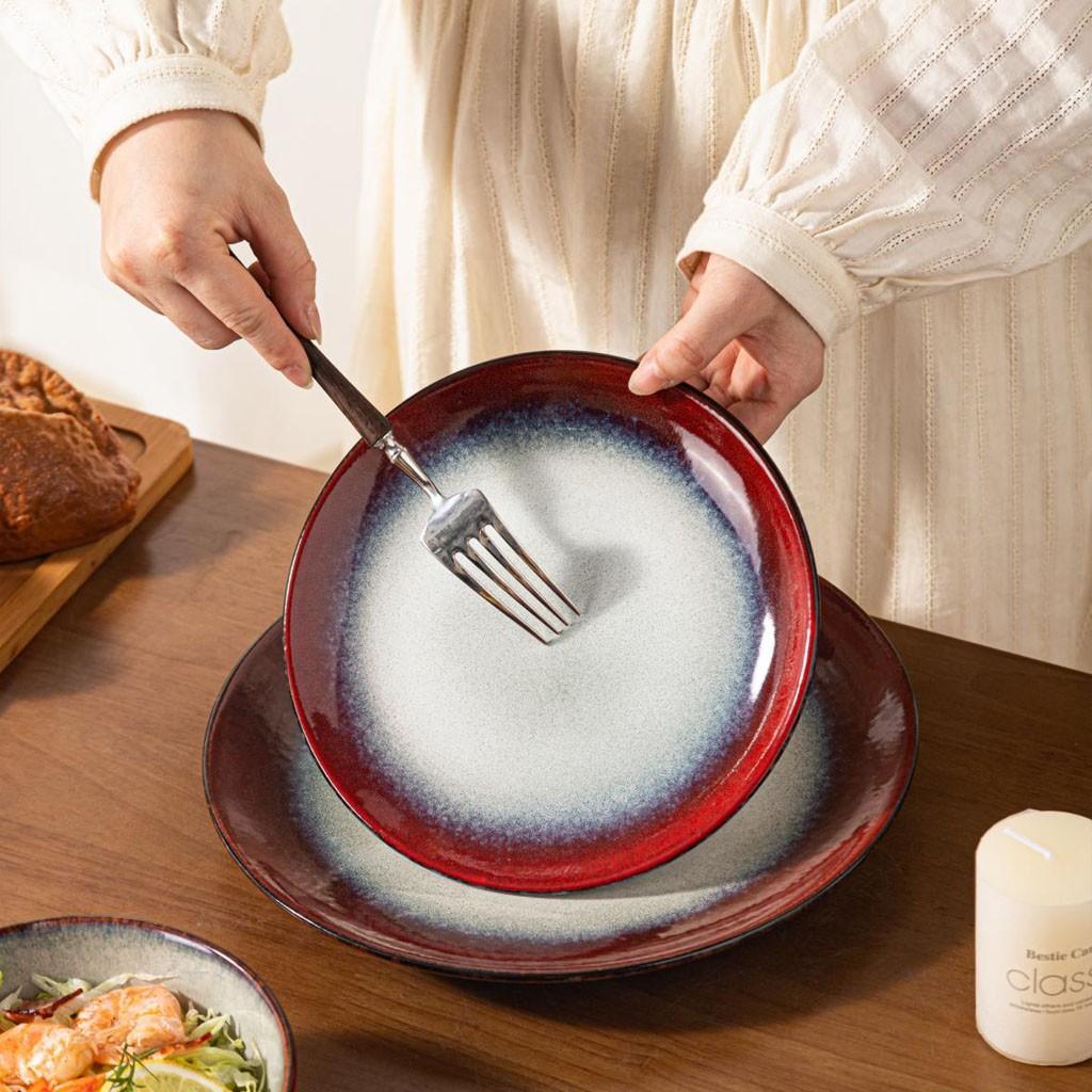 4/8-piece ceramic dinnerware set, Western style, suitable for 1-2 people, kiln-fired ceramic, ink-red, includes steak plate, salad bowl, cup, microwave-safe, machine-washable