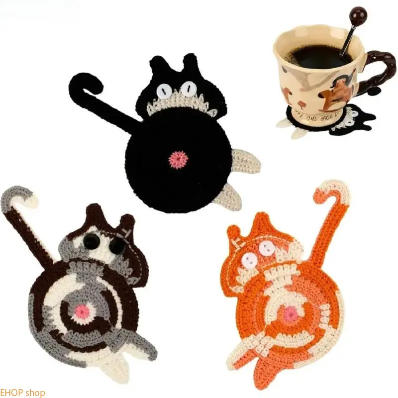 3PCS Woven Fabric Cat Coaster Set - Heat-Resistant Insulation Decorative Kitchen Coasters, Camping Hammock Use, Ideal Gift Idea for Cat Lovers party summer occasion dainty earring jewelry box key selection bubble bomb alloy level friend summervibes stack