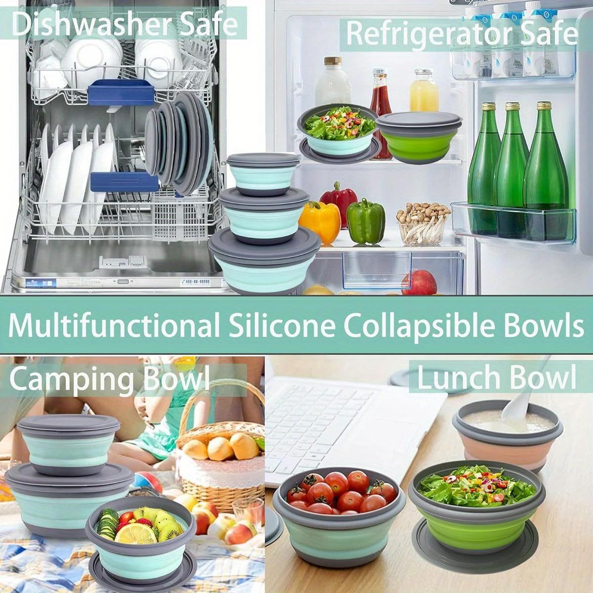 3-Pack Foldable Camping Bowls with Lids, Expandable Food Storage Containers, Stackable Durable Bowls for Salad and Lunch, Essential Camping Gear