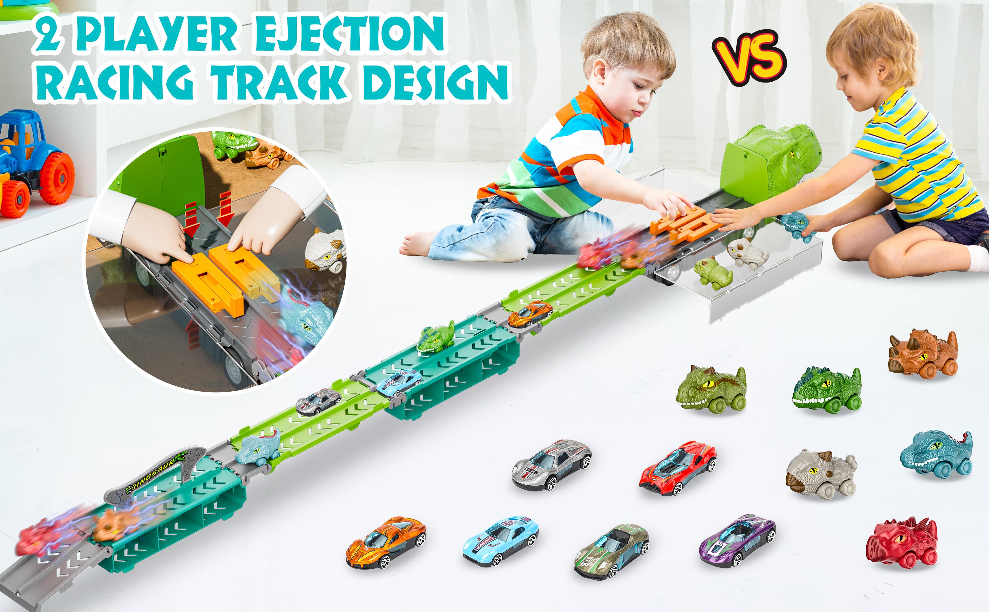 Dinosaur Truck Toys Princess car Unicorn car for Birthday Gift Idea, 2 Player Race Mode, Transport Carrier Toddler Toys for Kids, 63 Inch Foldable Race Track with 6 Dino Cars & 6 Die-cast Cars Durable Safety, kids christmas gifts