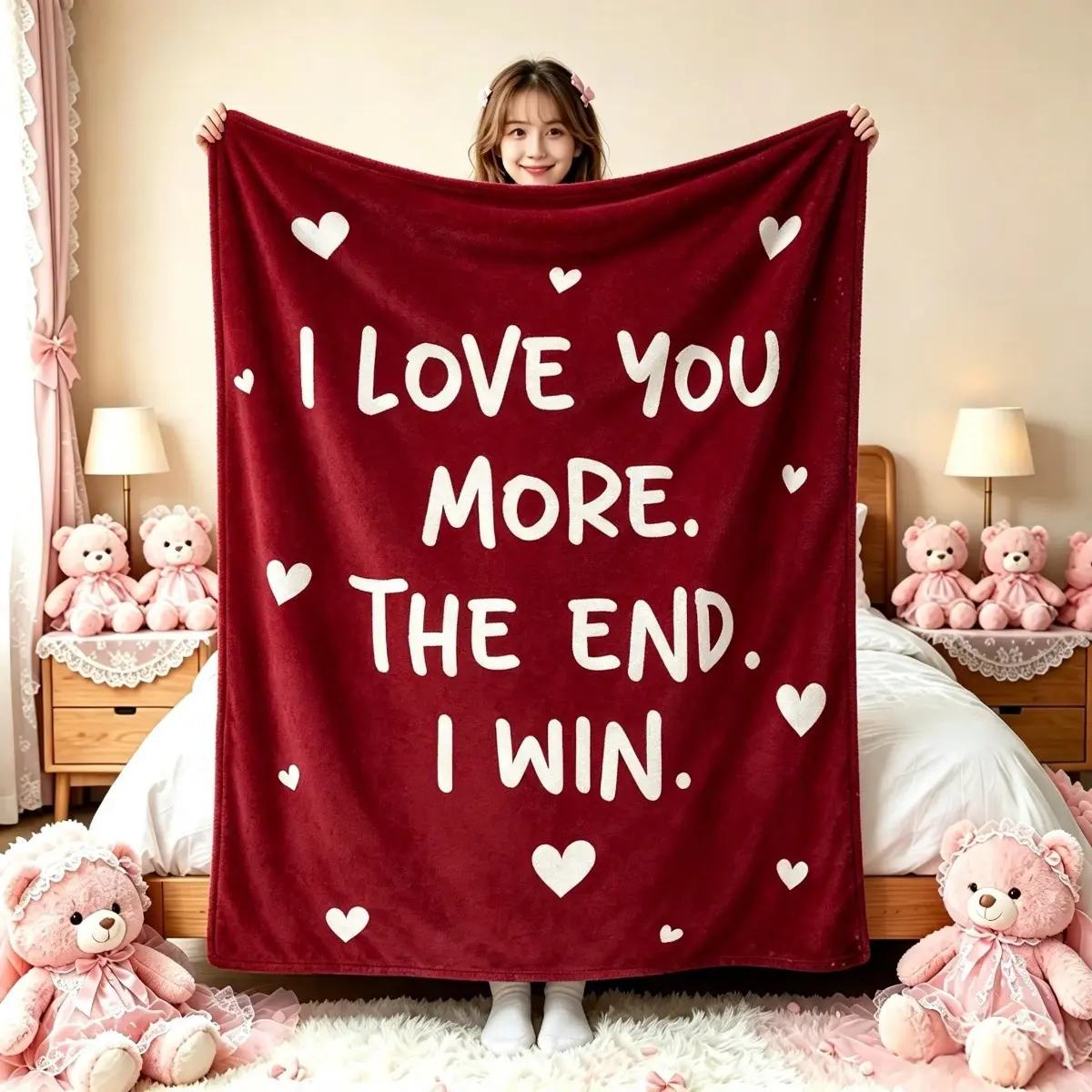 Classic "I Love You More The End I Win" Red Heart Print Soft Flannel Throw Blanket, Romantic Gifts for Spouses, Valentine-Anniversary Home Use Soft Fabric Decor & Present
