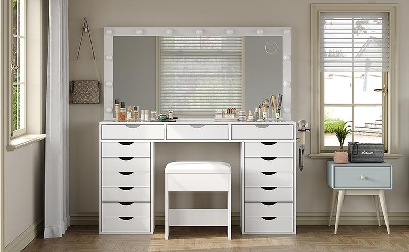 FUSOU [ Valentine's Day ] 55“W 15 Drawers Vanity Desk with Power Outlet【Shipping By 2 Packages】Makeup Table with Mirror and LED Lights, 3 Color Lighting Modes, Vanity Table with Chair for Bedroom