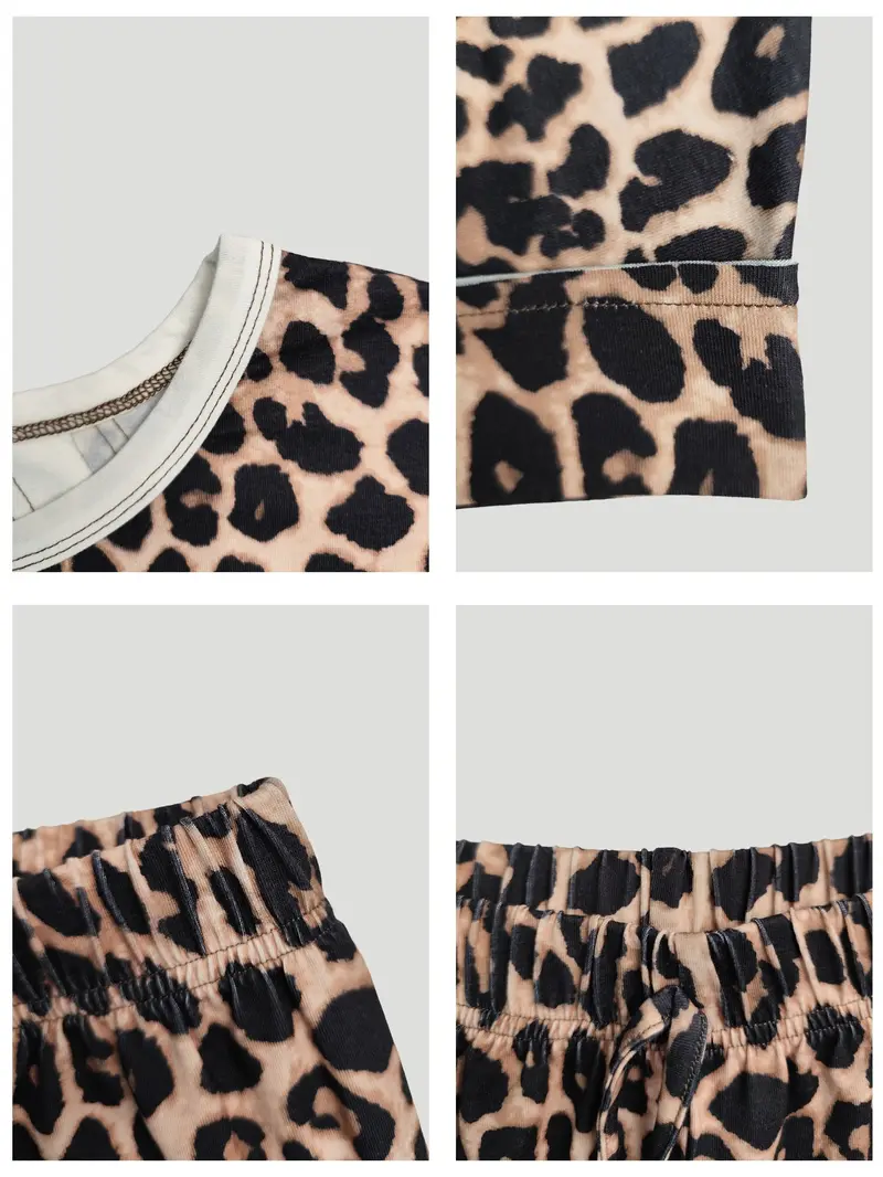 Women's Leopard Print Casual Loungewear Homewear Pajamas Two-Piece Set, Round Neck Short Sleeve Backless Top & Lounge Long Pants, Comfortable Wear, Casual Loungewear Sleepwear