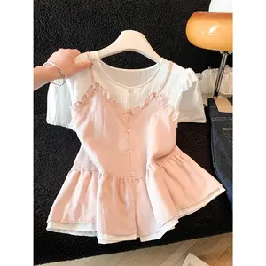 Fake Two-Piece Suspender Vest Short-Sleeved Shirt Women'S Summer Korean Sweet Age-Reducing French Waist- Doll Shirt Small Top Women