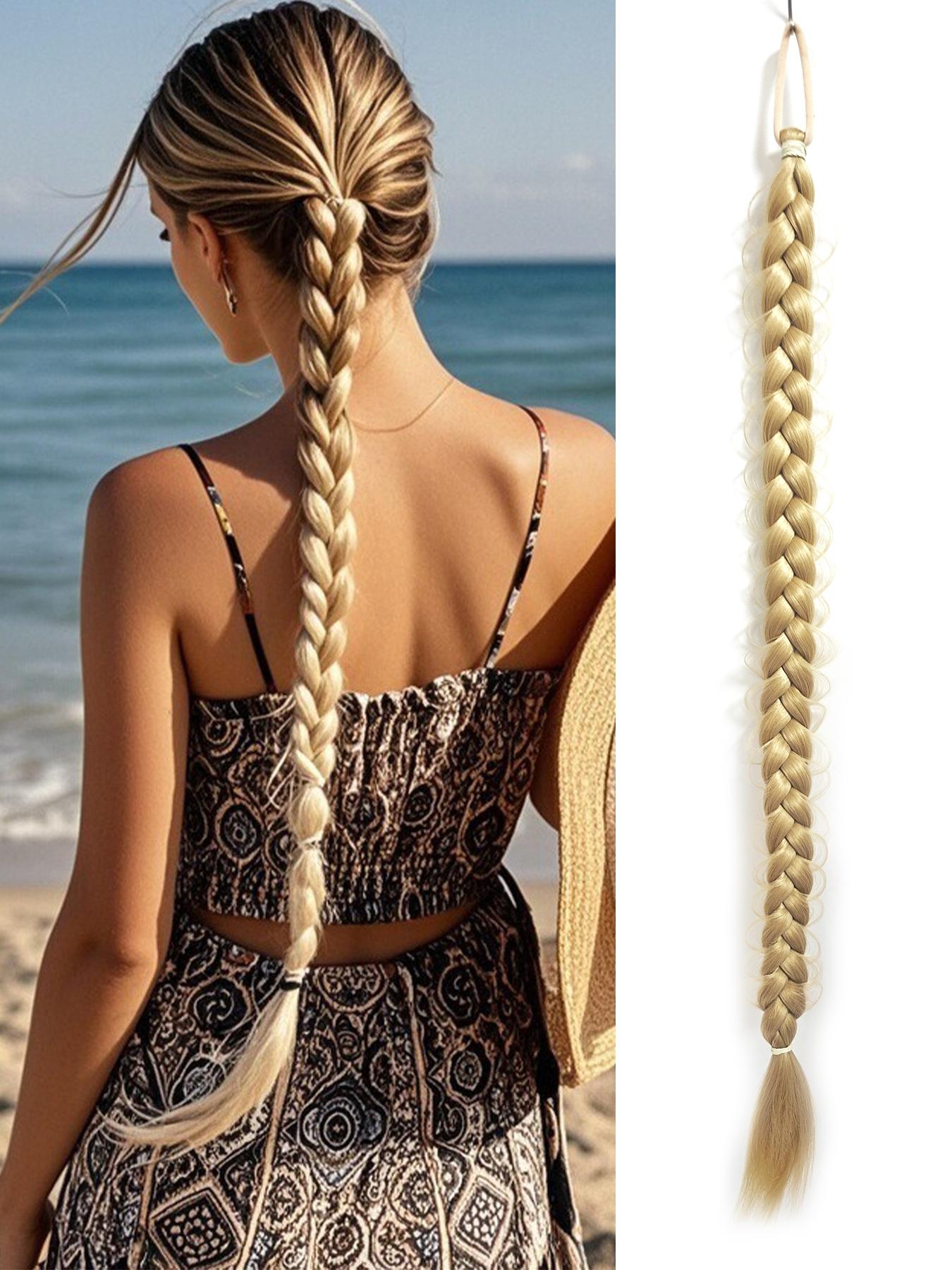 Synthetic Braided Ponytail Extensions, Boxing Braid Wraparound Ponytail, 28 Inch Three Strand Hair Extension, Elastic Hair Tie