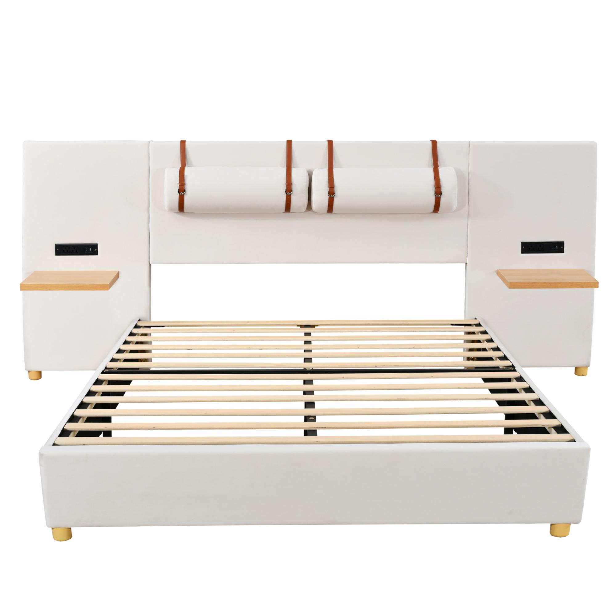 Bellemave Queen Size Upholstered Platform Bed with Two USB Charging Ports & Plush Headboard in Beige Velvet Fabric Includes Bedside Pillows & Storage Shelves