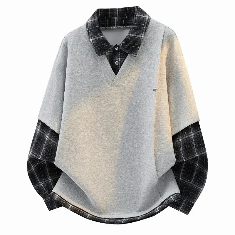 Fake two-piece plaid collar sweatshirt featuring a layered shirt-collar design, spliced plaid long sleeves, relaxed dropped-shoulder fit, soft comfortable fabric, and a casual retro preppy style perfect for daily wear#sohochic