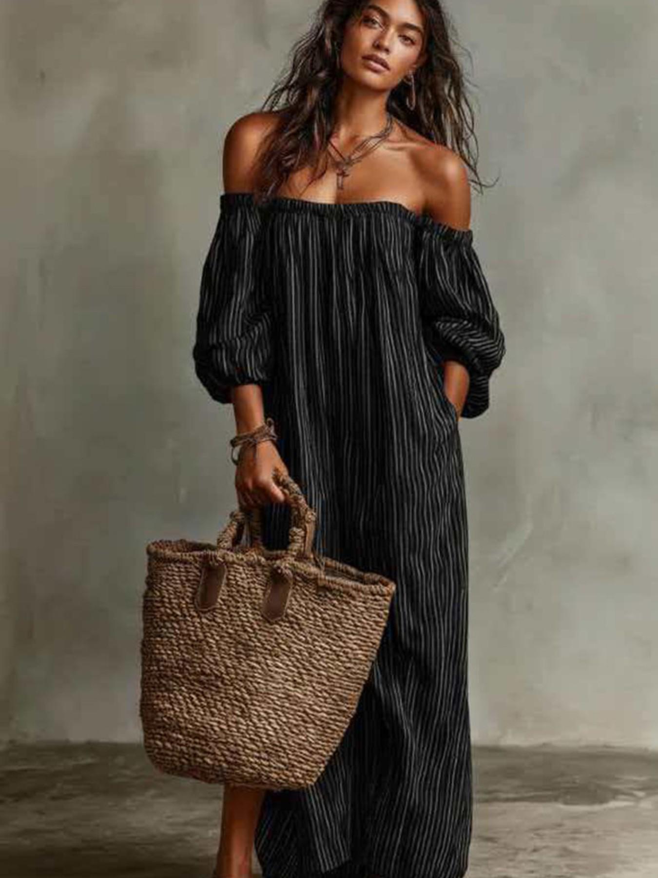 Women's Vintage Striped One-Shoulder Long Dress, Loose Fit Slimming Bubble Sleeve Off-The-Shoulder Dress, Beach Vacation Style Summer