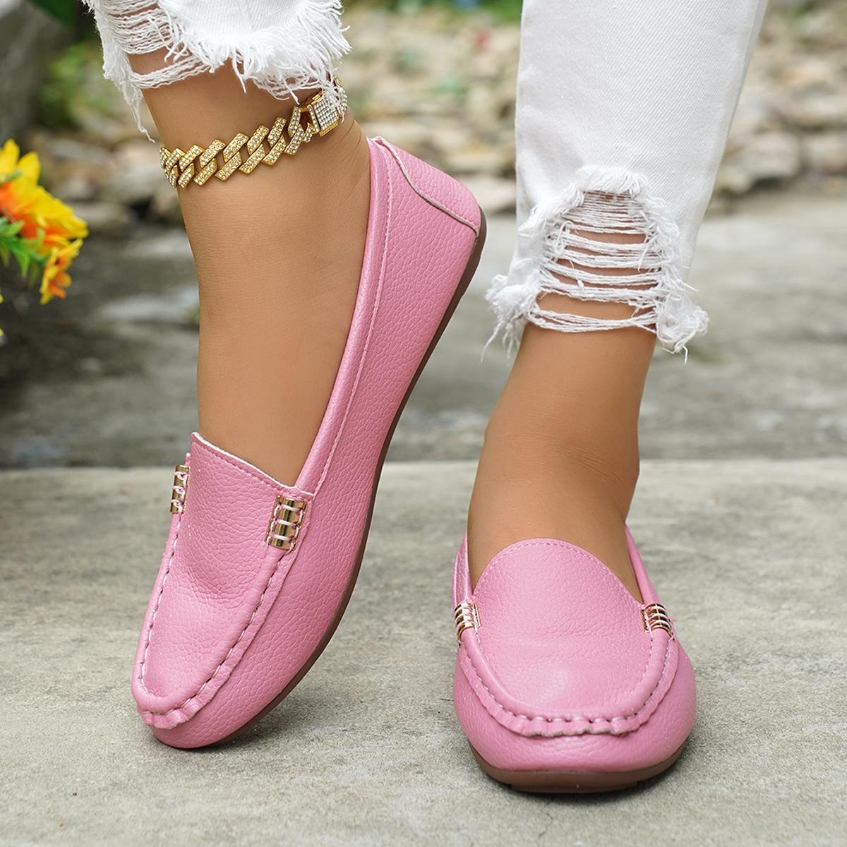 Women's Classic Plain Low Heel Shoes, Fashionable and Sexy, High-End Slant Metal Chain Decoration, Comfortable Casual Loafers, Slip On Shoes