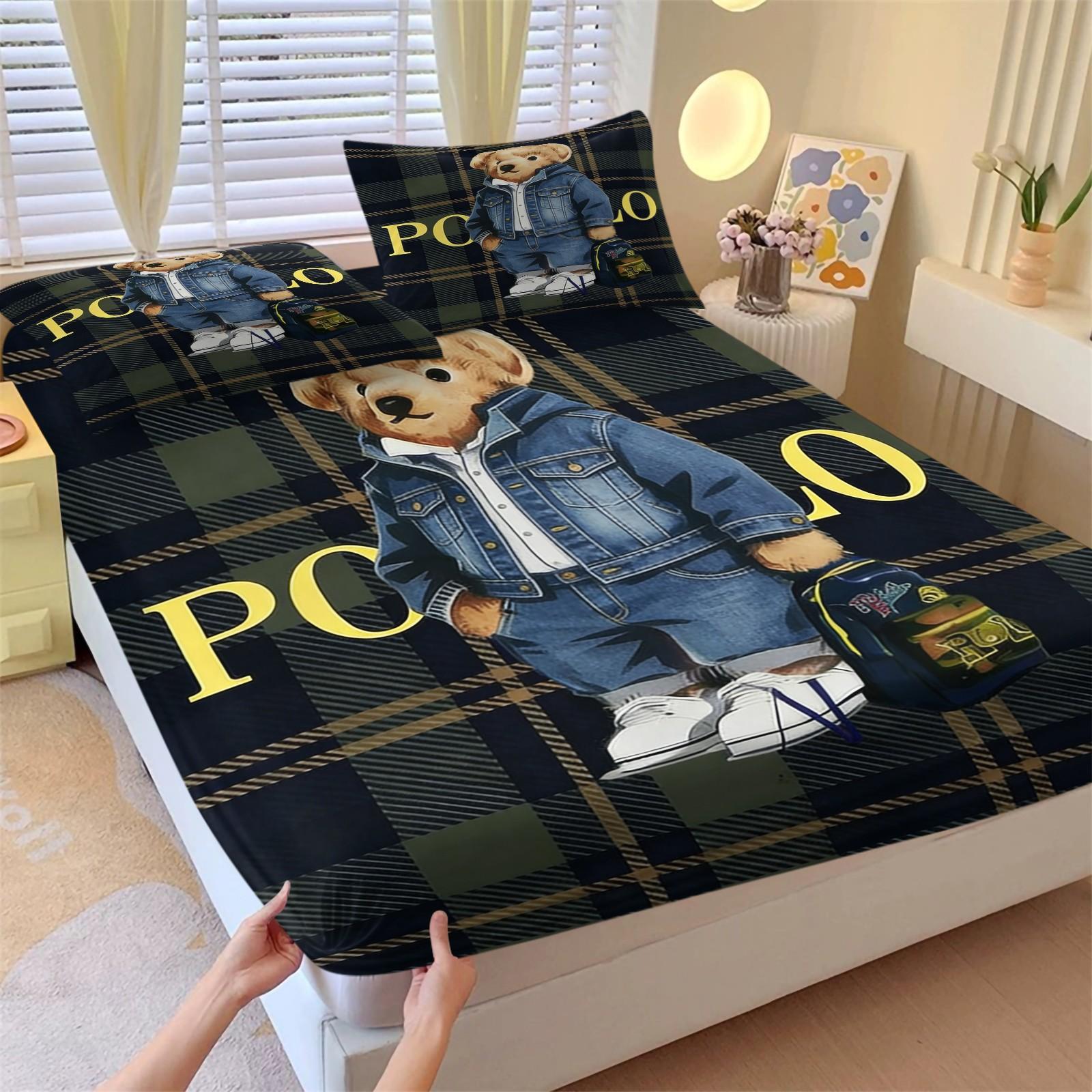 Teddy Bear Pattern Bed Sheet, Comfortable Printed Pattern, Includes 1 Bed Sheet and 2 Pillowcases, Comfortable Bedding, Non slip Dust Cover Suitable for Bedroom and Guest Room, Suitable as a Gift for Children or Adults