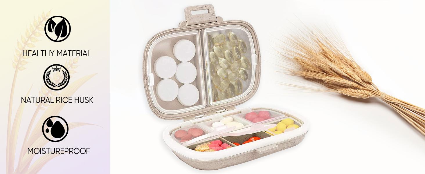 Holii Plastic-Shell Pill Organizer, 8-Compartment Portable Unisex Pill Case for Travel/Office, Daily Container for Vitamins in Pocket or Purse (Khaki)