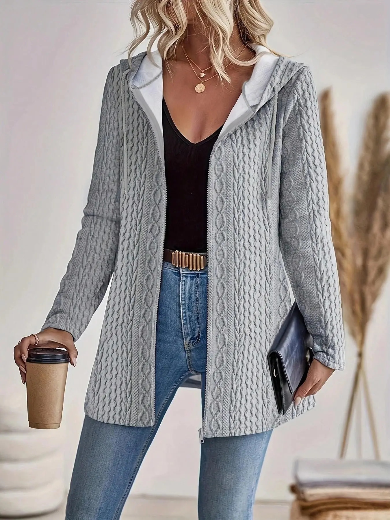 Women's Quilted Grey Hooded Jacket – Full-Zip, Long-Sleeve, Mid-Length Casual Street-Style Coat with Drawstring