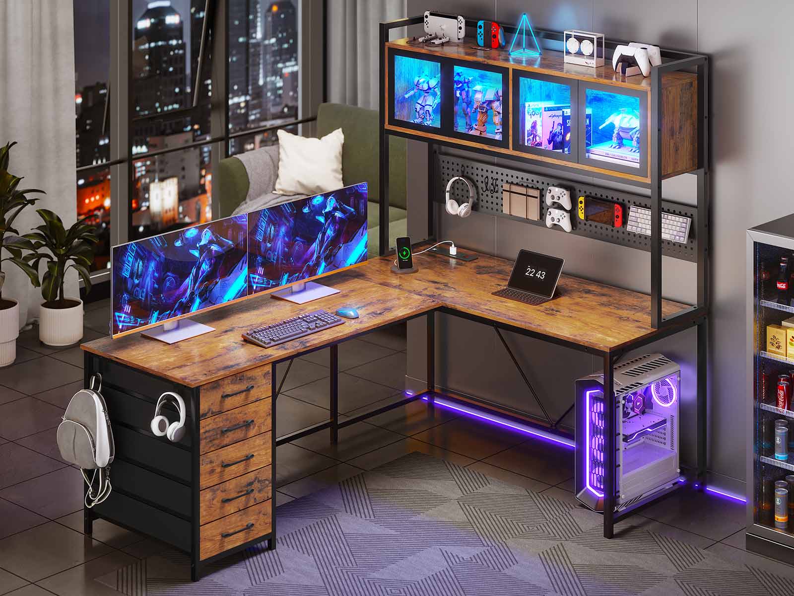 SEDETA L-Shaped Computer Desk with Storage Home Office Desk LED L-Shaped Gaming Desk with Storage