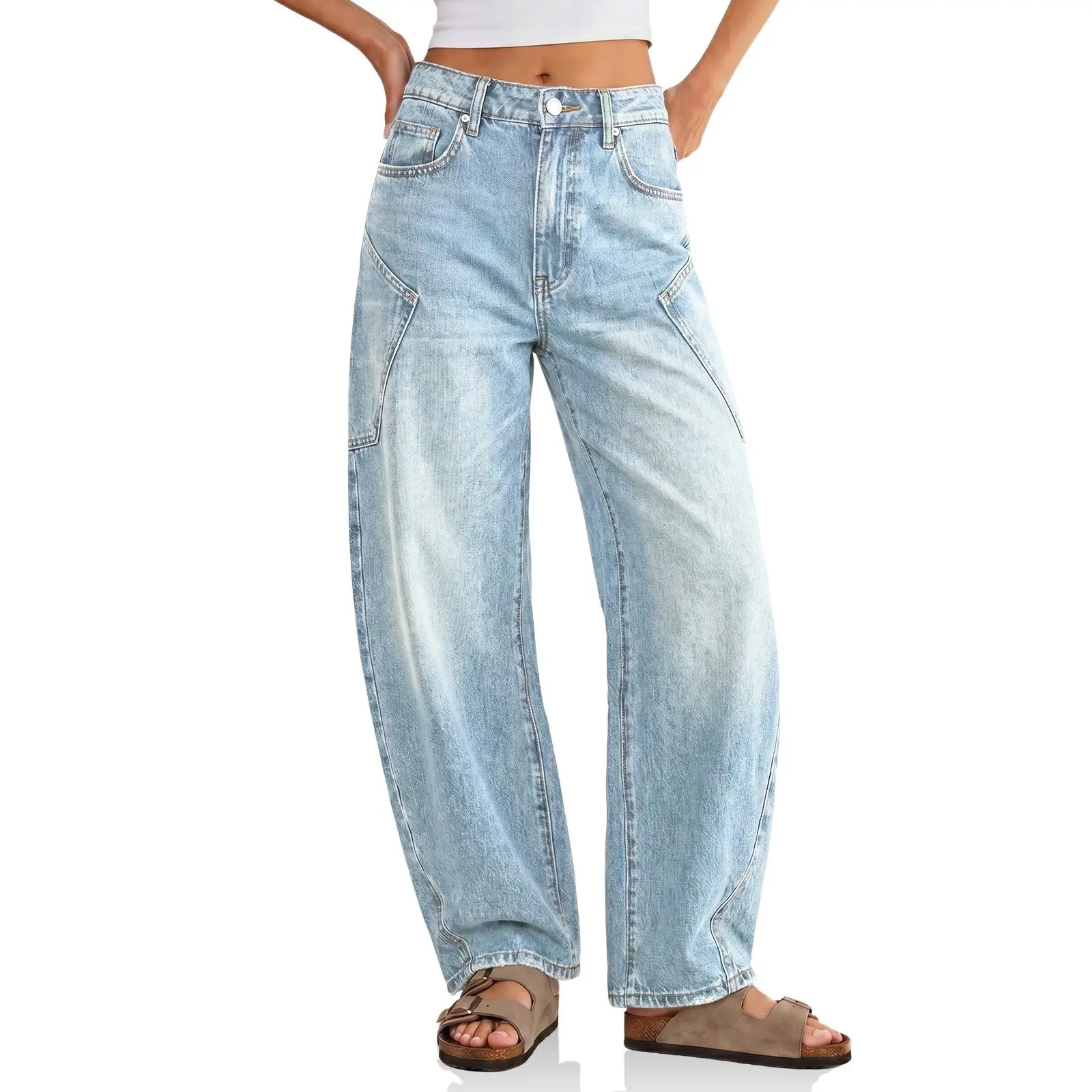 Flowyair Women's Aesthetic Oversized Streetwear Jeans - Raw High-Waisted Baggy Barrel Leg Denim Trousers with Pocket,clothes for back to school,first day of school outfits
