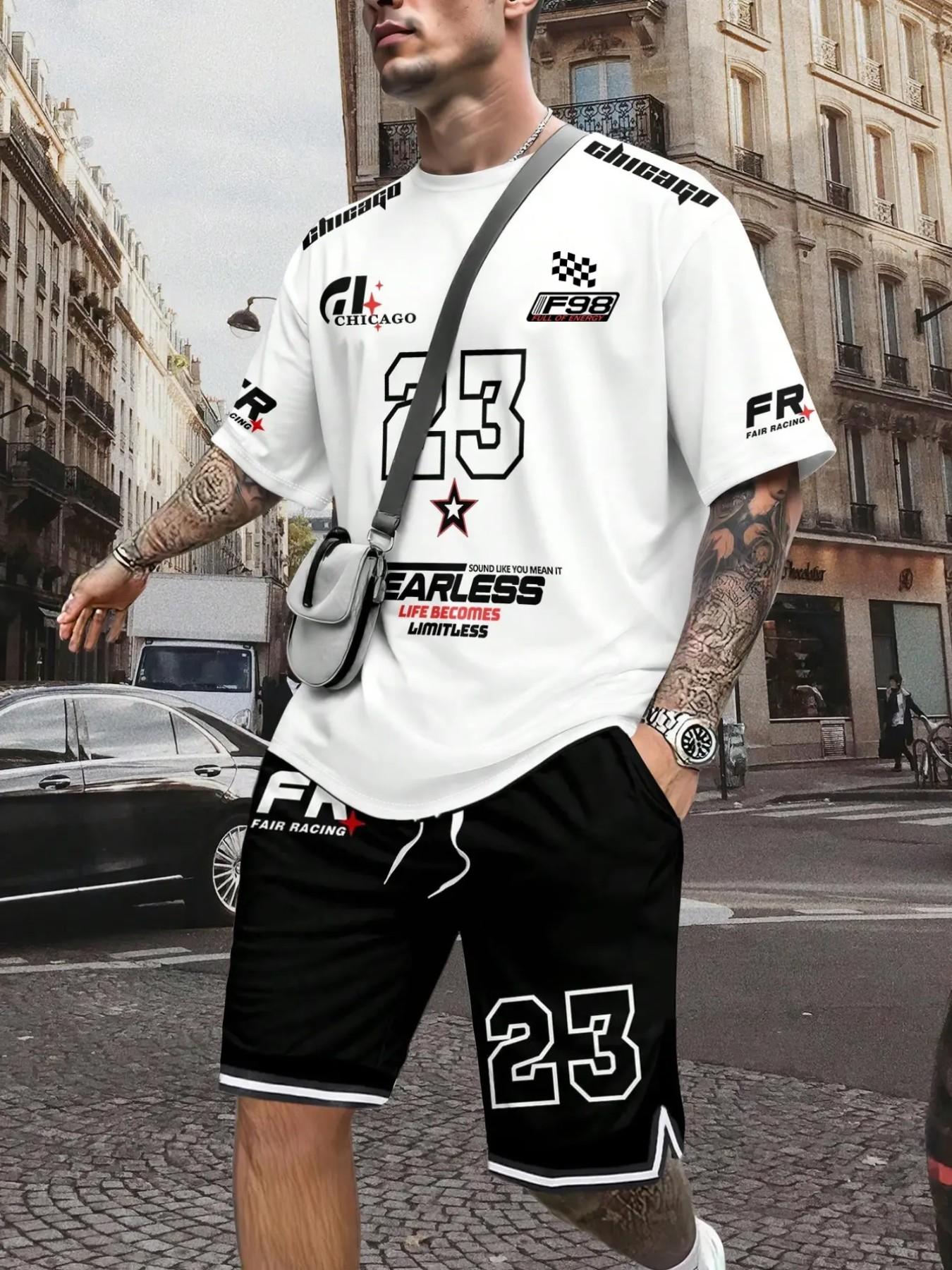 Two-Piece Set Men's Letter Print Short Sleeve T-shirt & Track Shorts Set, Regular Fit Casual Round Neck Tee & Shorts, Men's Summer Sports Clothes