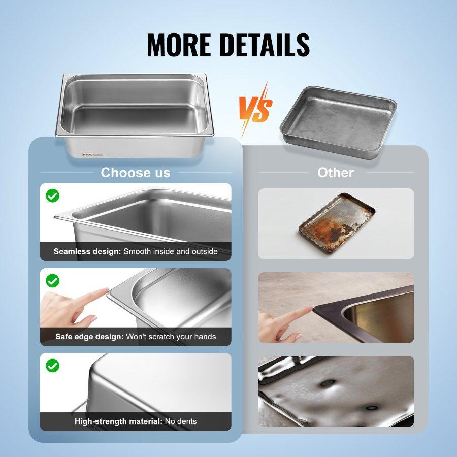 fathersdaygift VEVOR 6 Pack Hotel Pans, Full Size Anti-Jam Steam Pan, 0.8mm Thick Stainless Steel Restaurant Steam Table Pan, 6-Inch Deep Commercial Table Pan, Catering Storage Food Pan, for Industrial Scientific