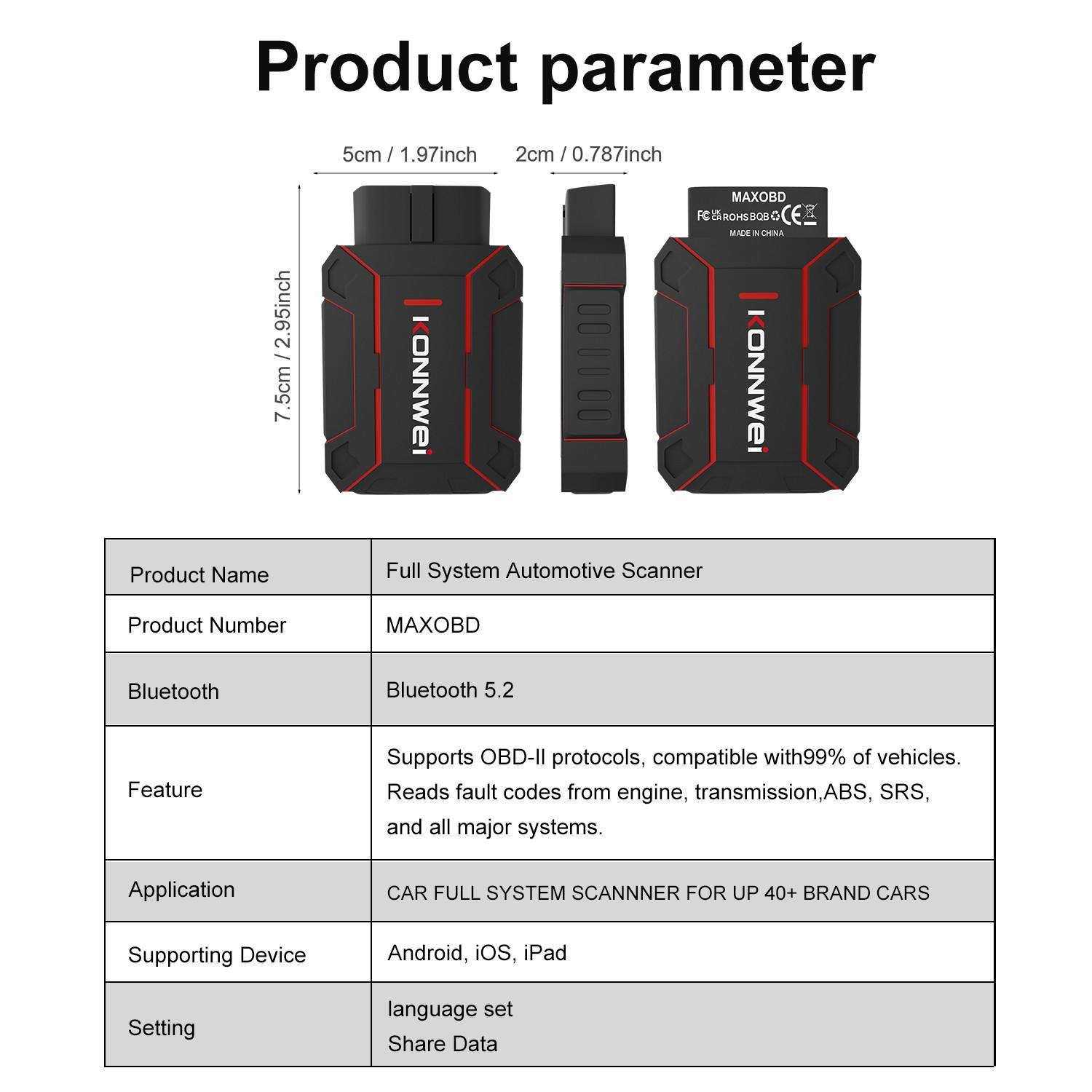 KONNWEI MAXOBD Bluetooth5.2 OBD2 Scanner Deep Security Scan, Vehicle-Specific Data Stream, Read/Erase Codes, Data Stream, Battery Check, Diagnostic Report For IOS/Android