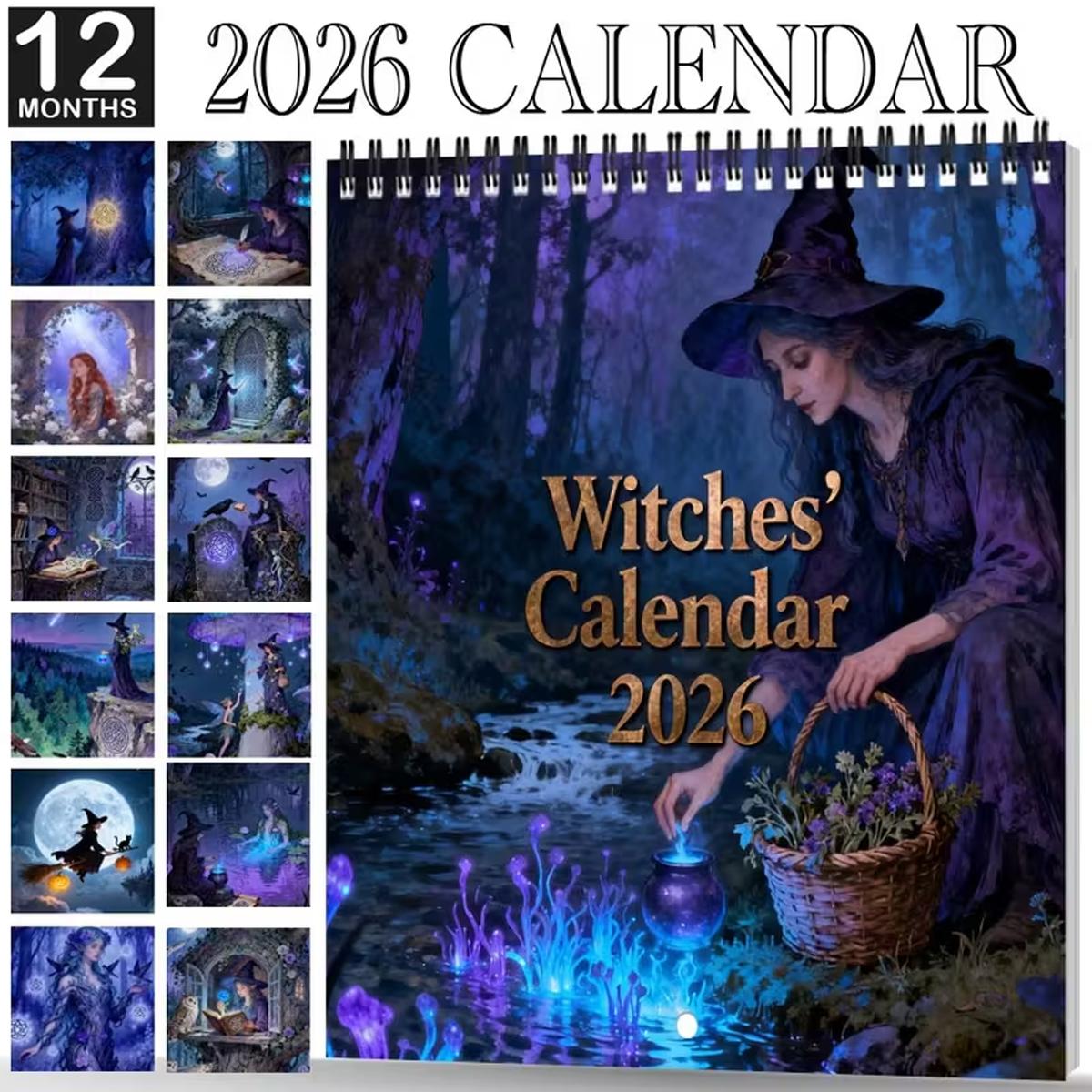 2026 Witch Theme Wall Calendar Planner, 12 Months Colorful Illustrations, 7.9in X 7.9in Perfect Size, Cute Fun Witch Art Decor Gift