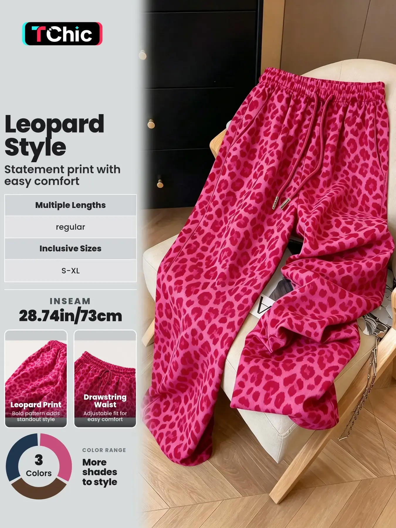 1 Piece Women's Leopard Print Drawstring Baggy Wide Leg Long Pants, Elastic High Waist Loose Relaxed Fit, Casual Daily Street Fashion Trousers with Side Pockets, All Season Wear
