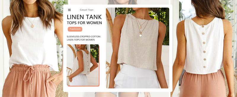 IDEALSANXUN Womens Linen Crop Tank Tops Cute Summer Tops for Women Summer Outfits Sleeveless Crop Tops for Women Summer Tops for Women 2026 Tops for Women Trendy  Beach Vacation Clothes for Women High Neck Tank Tops for Women Flowy Crop Tops Linen Blouses