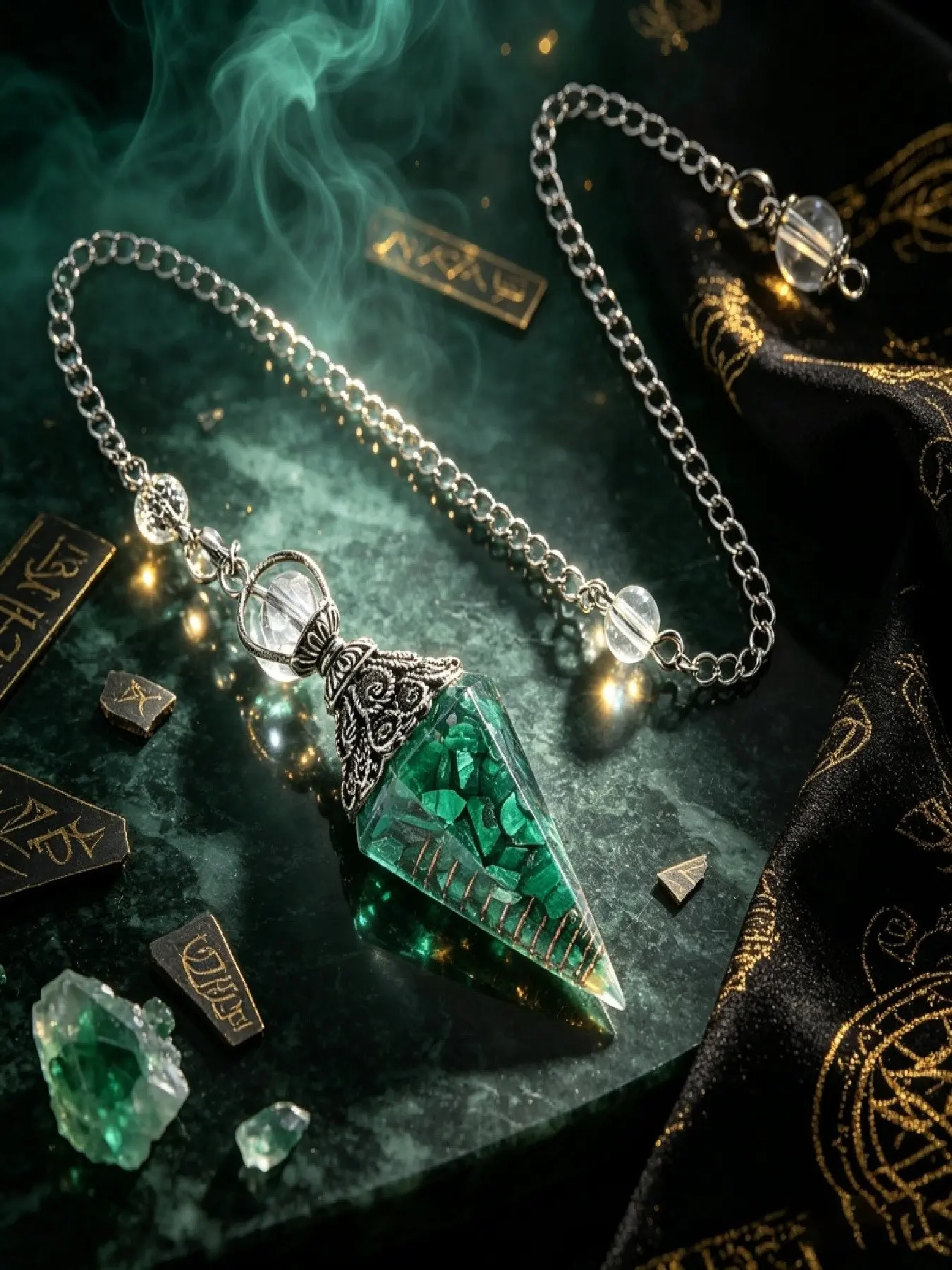 1pc Natural malachite crystal chip-shaped stone ancient silver flower base spiritual pendulum pendant, meditation chakra balance energy resin spiritual healing crystal divination pendulum, Tarot card magic and witch yoga spiritual aura decoration