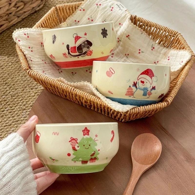 4Pcs Cute Snowman Christmas Tree Ceramic Bowl Kawaii Soup Bowl Home Kitchen Noodle Ramen Tableware Bowl Christmas Gift Kitchen Bowls