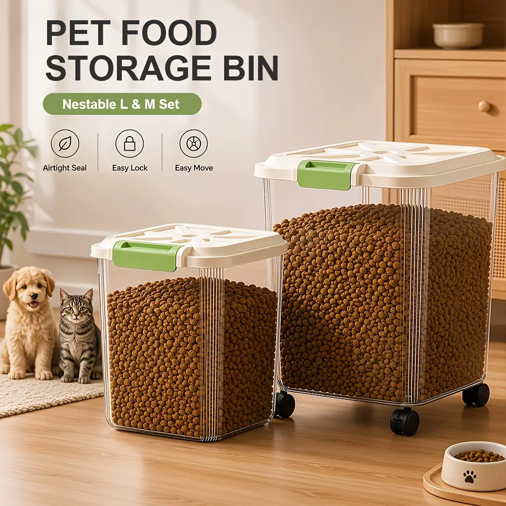 2pcs Large And Medium Pet Food Storage Container Set, Large Capacity Airtight Dog Cat Food Bin with Rolling Wheels And Measuring Cup, Transparent Plastic, Moisture-Proof And Insect-Proof, Holds 20-25 Lbs of Pet Dry Kibble