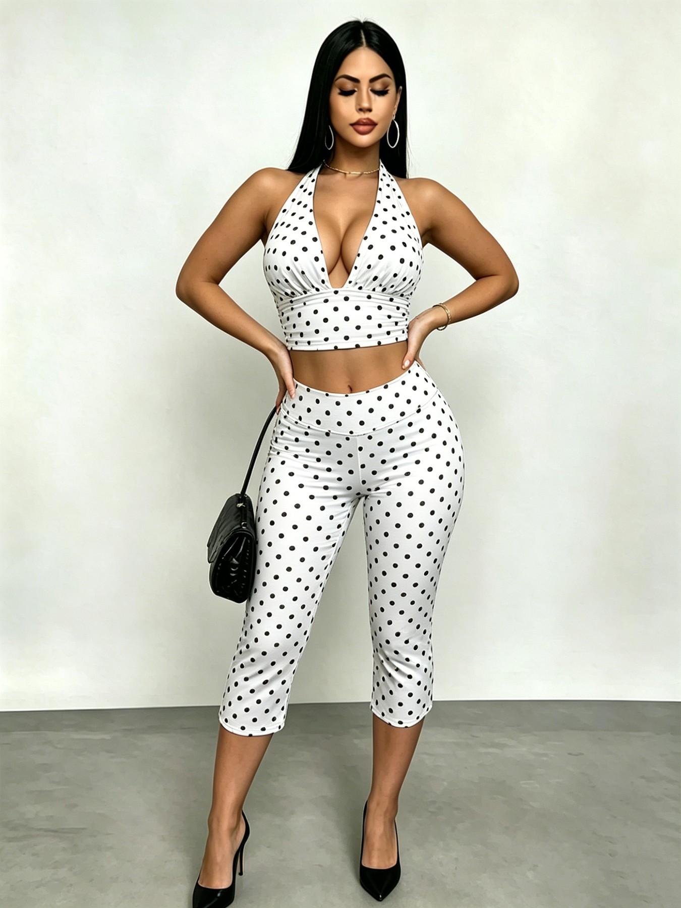 Tiktok Viral 2026 Women's 2 Pack Polka Dot Set, Halter Neck Deep V Crop Top & High Waisted Capri Leggings, Y2K Retro Streetwear, Outfit, Stretchy
