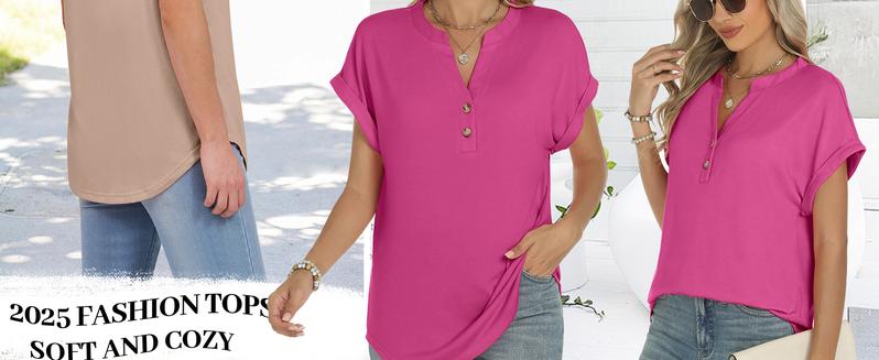 ANRABESS Women's Short Sleeve Henley Tops V Neck Summer Casual Loose Dressy Shirts Blouse Basic Tees