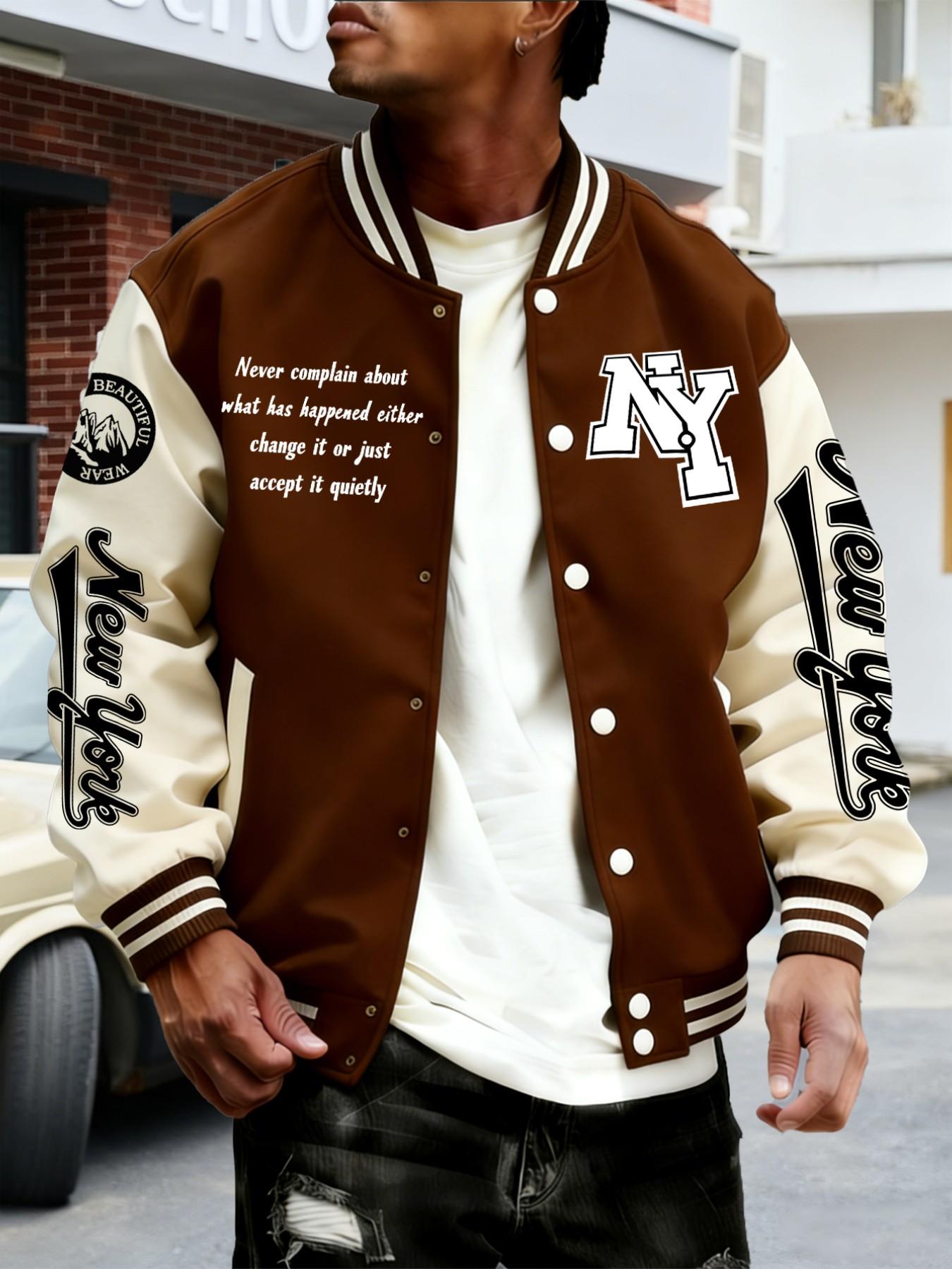 Trendy Baseball Jacket New York Style with Ny Letter Design, Colorblock Sleeves, Button Closure, Fitted Outerwear for All Seasons