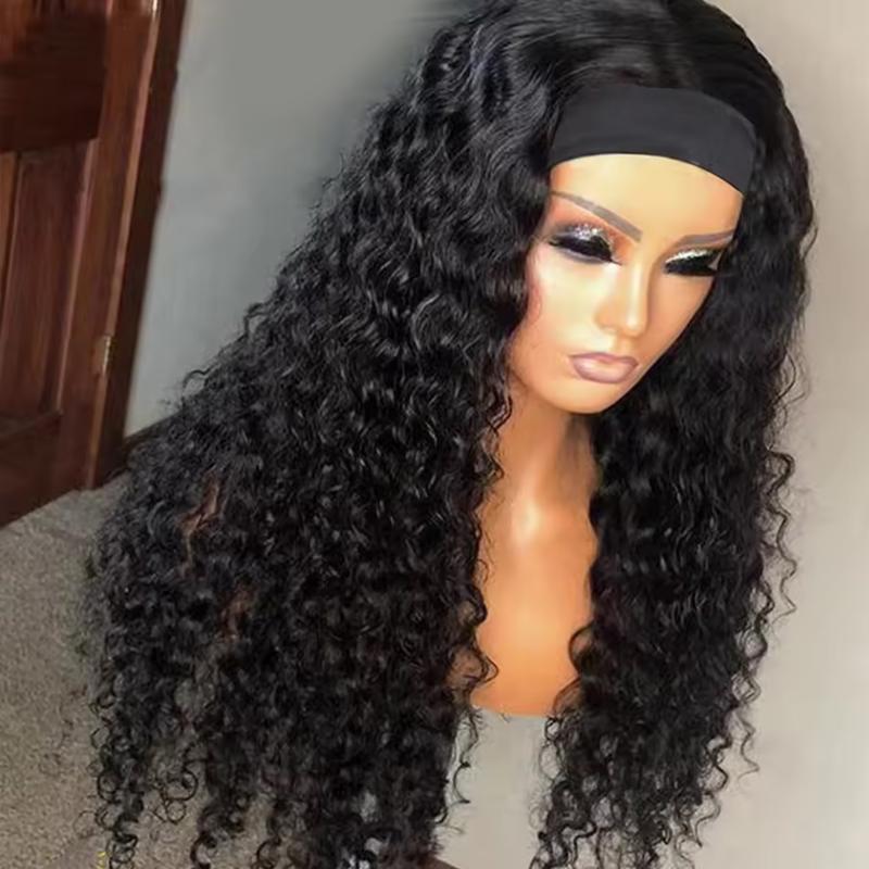Bling Hair Headband Wig Deep Wave Human Hair None Lace Front Wig Human Hair Machine Made Wigs Glueless Curly Hair Headband Half Wigs for Black Women Human Hair Natural Color