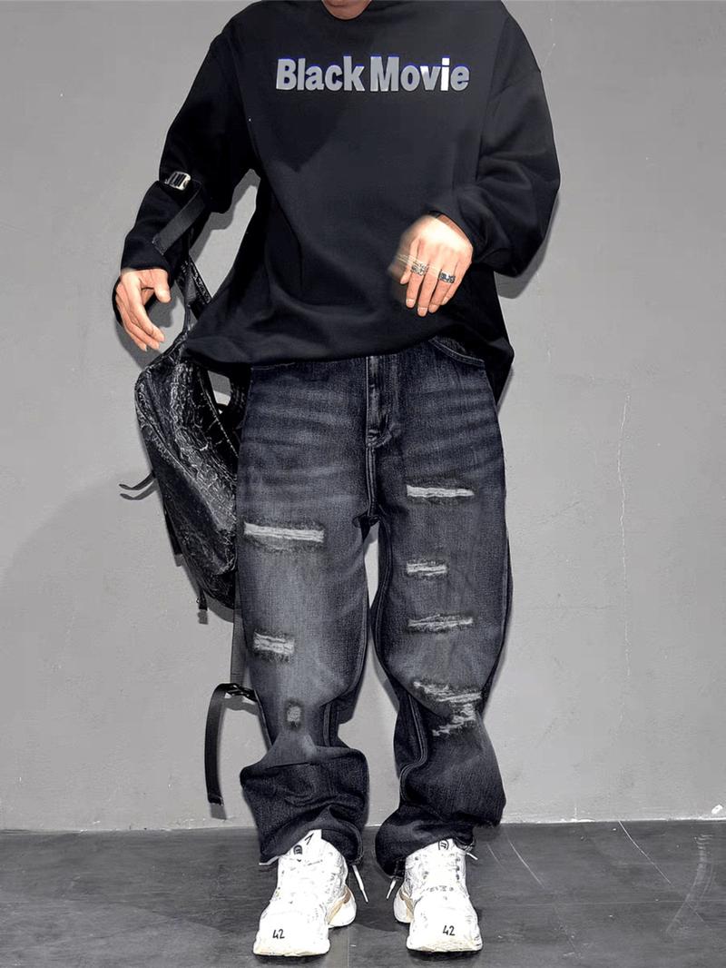 Men's High Street Style Ripped Wide Leg Jeans, Trendy Loose Fit Straight Pants, Casual Fashion for All Seasons
