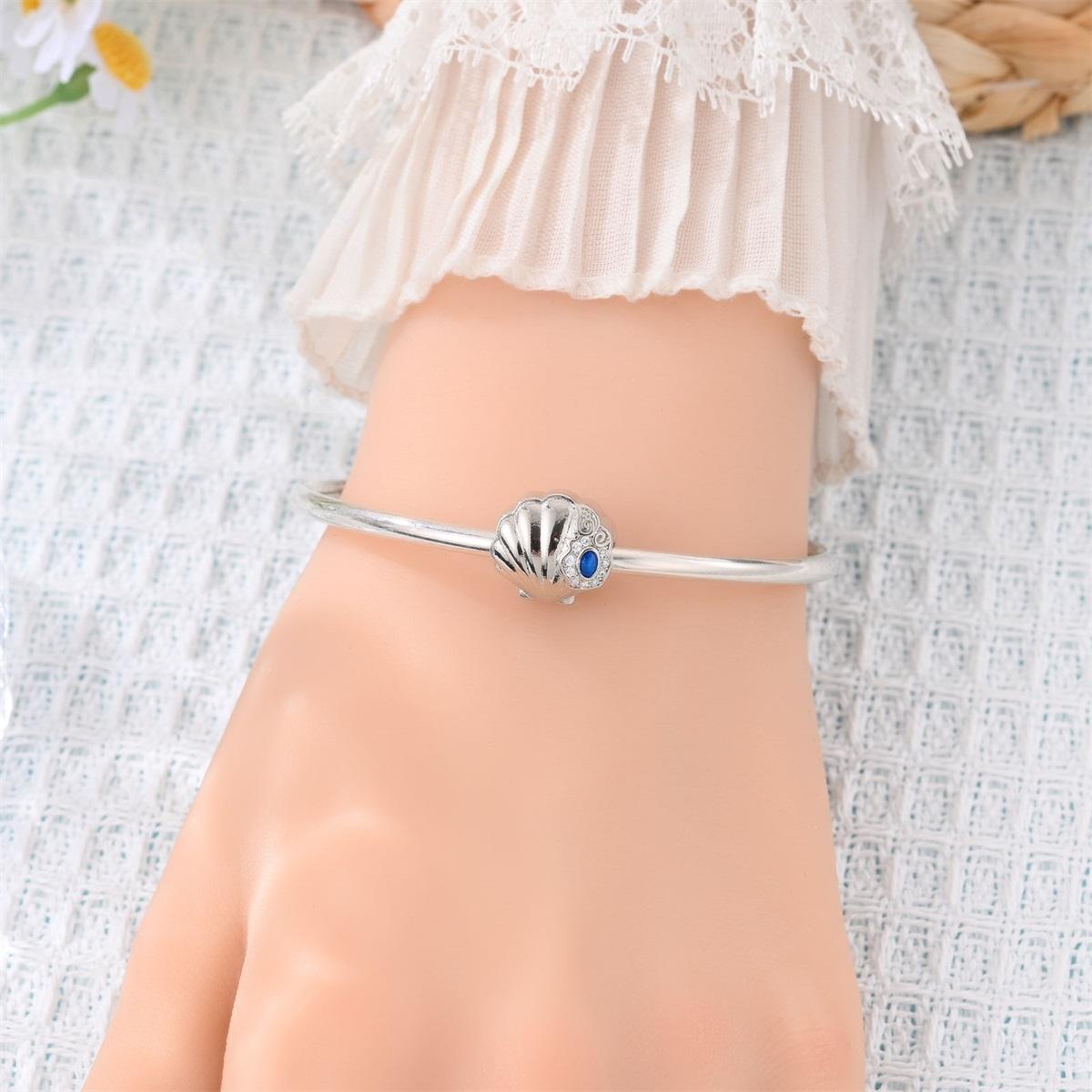 Summer Vacation Seashell Bead Charm, Plated 925 Silver Color, Blue Cz Inlaid, Ocean Themed DIY Jewelry, Beach Holiday Accessory for Women