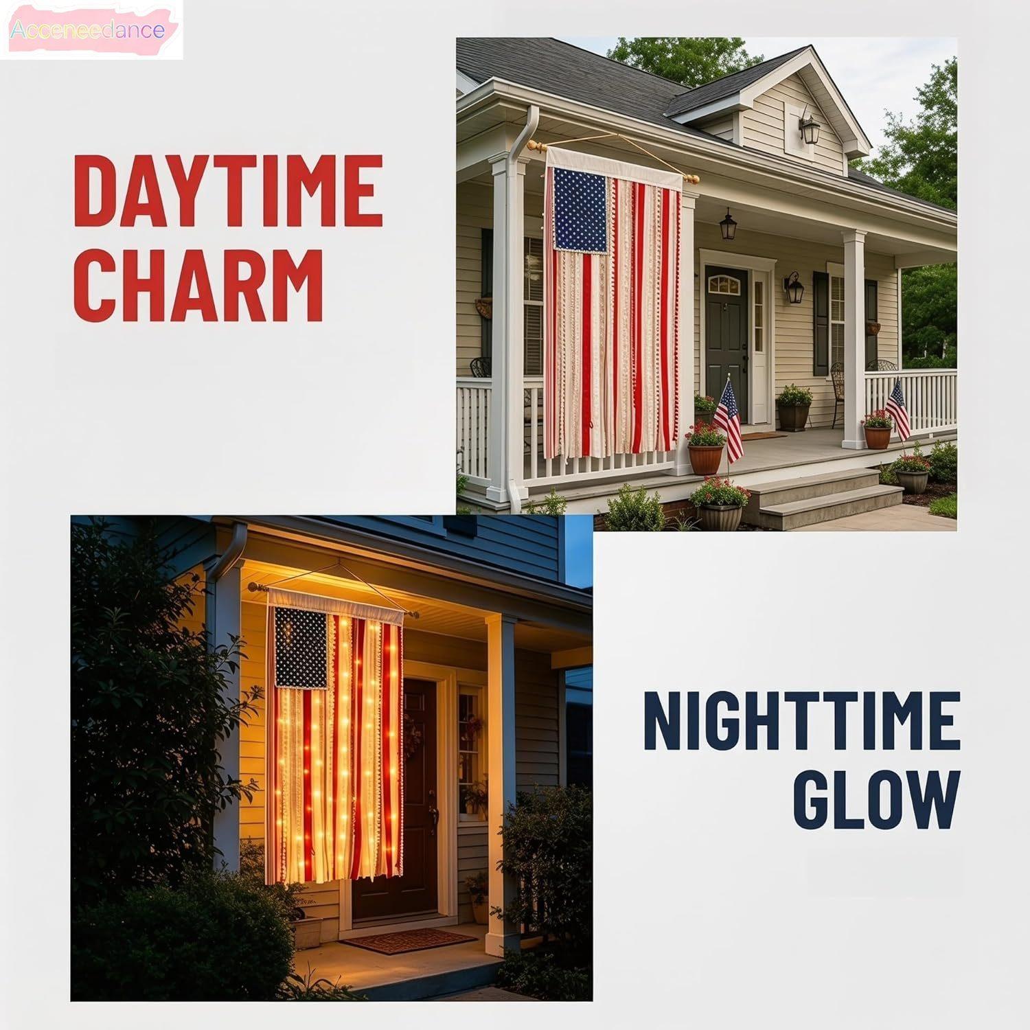 Lighted American Rag Flag Banner With LED Fairy Lights, 4x2.3 Ft Rustic Patriotic Tassel Garland For 4th Of July Decoration, Aesthetic Americana Wall Hanging For Porch Yard Party, Independence Day Celebration Home Decor 250th Anniversary