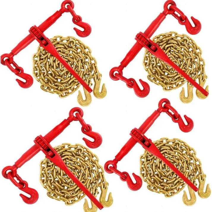 4‑Pack Ratchet Chain Binder Set, 5/16"‑3/8" with 10FT Chains