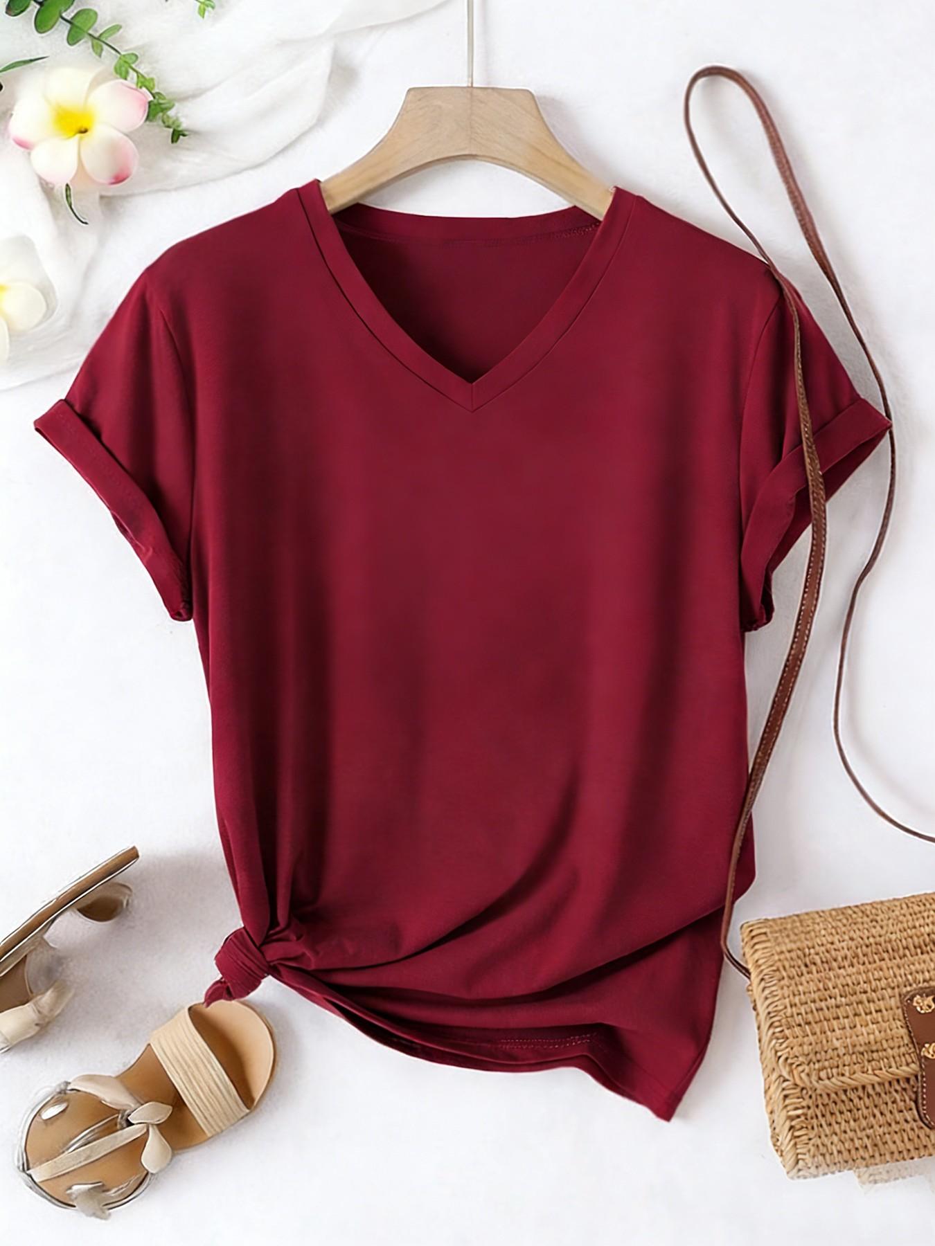 Women's V-Neck Solid Color Short Sleeve Basic Minimalist T-Shirt, Casual Fitted Top, Soft Comfortable Fabric, Summer All Seasons Wear, Casual Tops