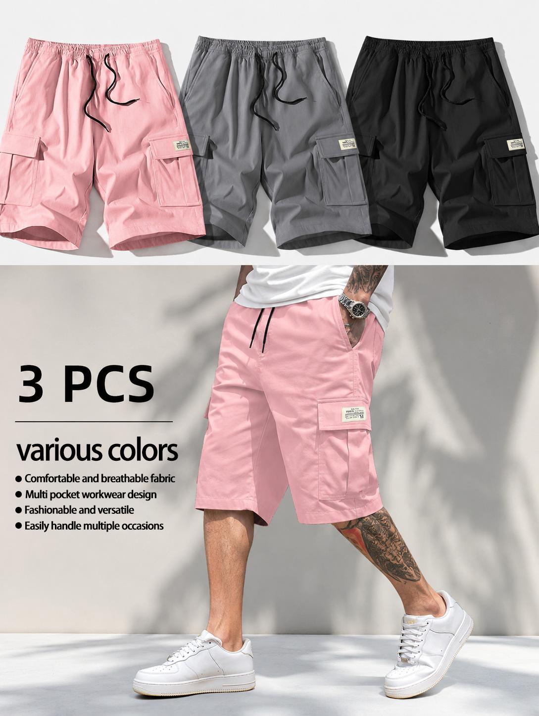 Men's Fitted Matching Shorts Set - Casual Summer Drawstring Color-Mixed Shorts, Lightweight Breathable, Slanted Multipocket, Versatile Everyday Beach Gym Wear Brown, Black, Green, Pink, Color-Mixed Men's Shorts, Fitted Men's Shorts Activewear Athl