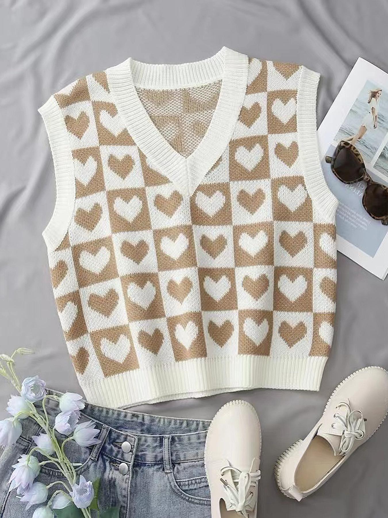Women's Heart Print V Neck Sweater Vest, Casual Comfy Sleeveless Knit Top for Daily Outdoor Wear, Women Knitwear for Spring & Fall
