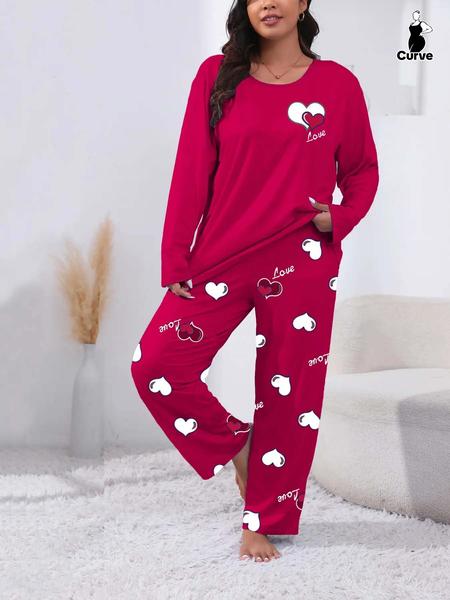 Plus Size Heart Letter Print Comfortable 2-Piece Set, Casual Long Sleeve Pajama Pants Suit, All Seasons Fitted Knit Fabric Loungewear Plus Size Heart Letter Print Comfortable 2-Piece Set, Casual Long Sleeve Pajama Pants Suit, All Seasons Fitted Knit Fabric Loungewear